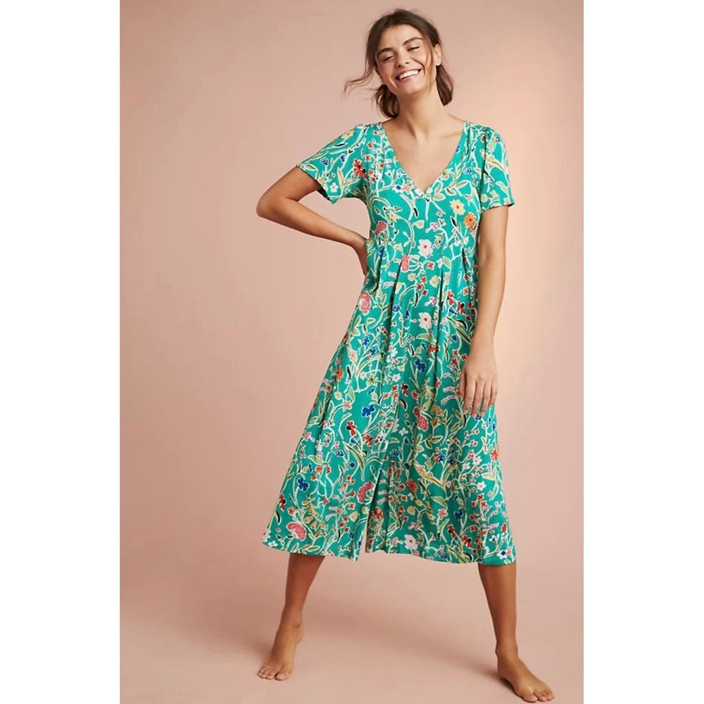 Anthropologie Floreat Green Floral Wide Leg Jumpsuit V-Neck Culotte Small